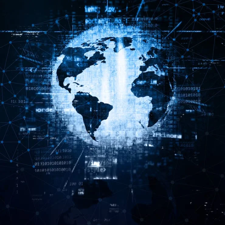 Software development concept with coding and global technology graphics