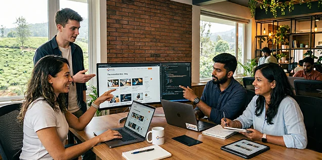 team collaborating in modern office with laptops and digital screens